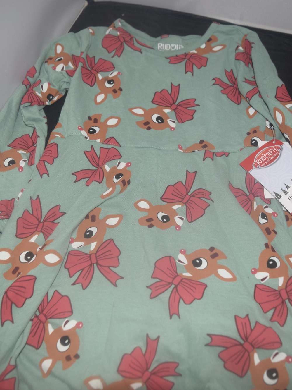 Rudolph Dress in Sage Green with Red Bow Print 5T NWT
